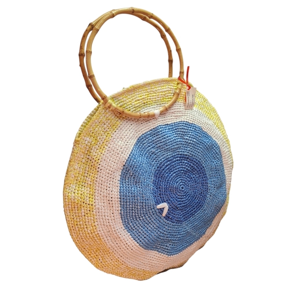 Handmade Round Concentric Circles Plastic Weave Bamboo Handles Large Purse Bag - Picture 1 of 16